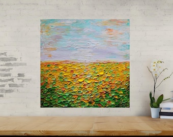 Abstract Landscape Oil Painting – Textured Summer to Fall Fields Colorful Artwork