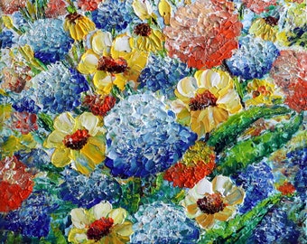 Hydrangeas Summer Flowers Garden Original Impasto Oil Painting on Canvas , colorful textured