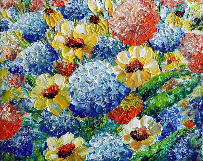 Hydrangeas Summer Flowers Garden Original Impasto Oil Painting on Canvas , colorful textured