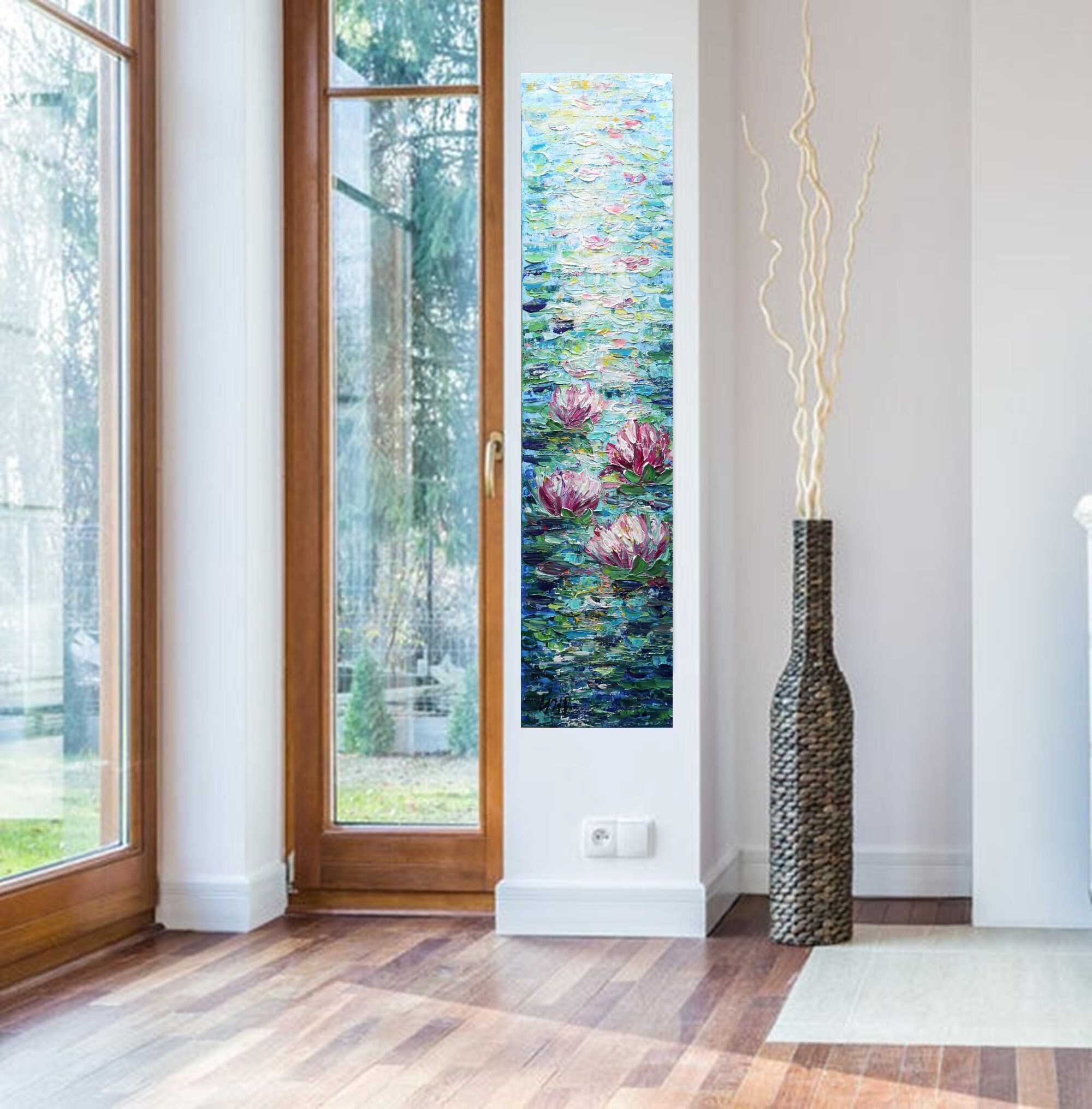 Tall Vertical Pink Water Lilies Reflections ORIGINAL PAINTING canvas