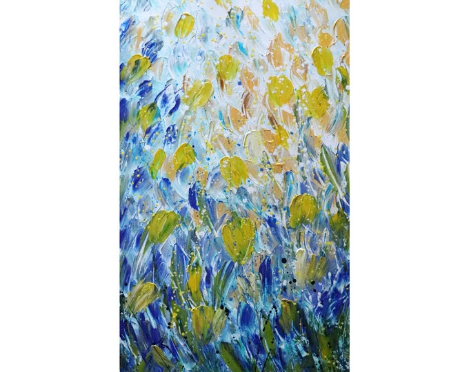 Tall Narrow Painting FRESH SPRING FLOWERS Tulips, Iris Floral Oil Painting Impasto Large Canvas White Art by Luiza Vizoli