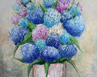 Hydrangea Flowers Blue Lavender White Bouquet in Ceramic Vase, Original Oil Painting
