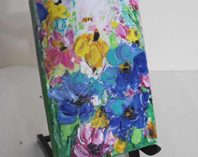 Original Mini Wildflower Painting, Blue Colorful Textured Floral Art, 4x6