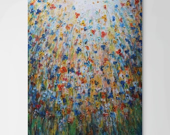 Extra Large Wildflowers Oil Painting – Rainbow Rain 36x60 Textured Canvas by Luiza Vizoli
