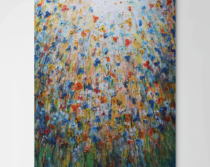 Extra Large Wildflowers Oil Painting – Rainbow Rain 36x60 Textured Canvas by Luiza Vizoli