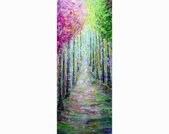 Original Painting Long Narrow Large Canvas Spring Path Forest of Lilacs Green Leaves Trees