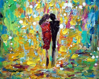 Romance The Kiss Original Impasto Palette Knife Painting Art painted in Summer Colors by Luiza Vizoli