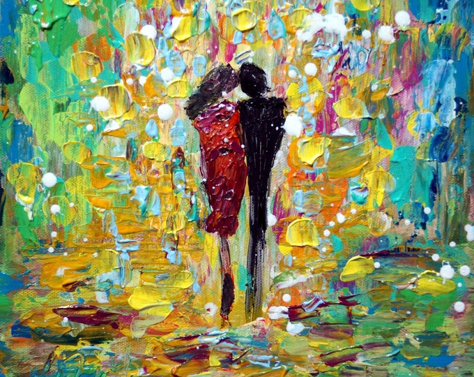 Romance The Kiss Original Impasto Palette Knife Painting Art painted in Summer Colors by Luiza Vizoli