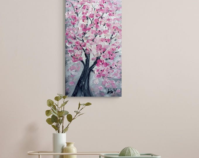 Cherry Tree Flowers Painting Narrow Canvas Long Vertical Original Painting