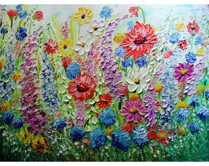 Summer Wildflowers Colorful Tall Flowers It's a Beautiful Day Impasto Oil Original Painting Art by Luiza Vizoli