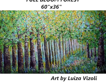 Large Painting Full BLOOM Alpine FOREST tall Trees Landscape with blue flowers, forget me not, lupine, wildflowers