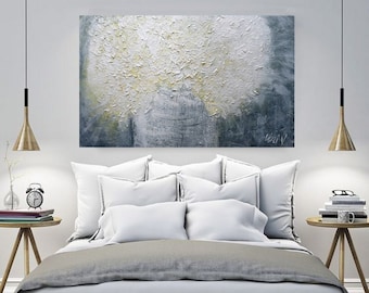 Original Textured Hydrangea Painting: White Gray Floral Japandi Decor