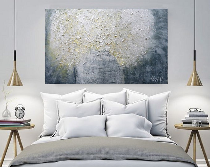 Original Textured Hydrangea Painting: White Gray Floral Japandi Decor