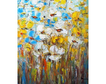 POPPIES White Blue Yellow Flowers Impasto Original Painting Vertical Large Canvas