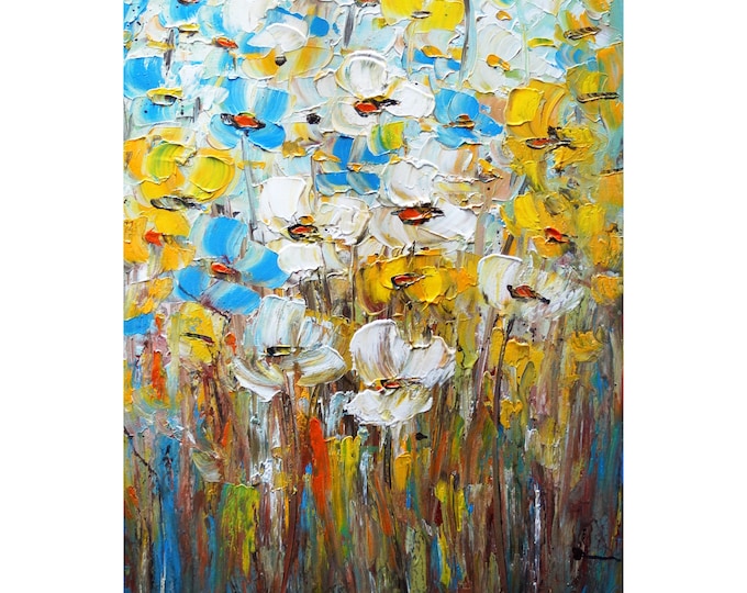 POPPIES White Blue Yellow Flowers Impasto Original Painting Vertical Large Canvas