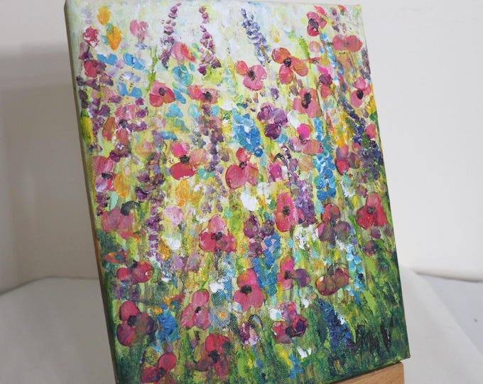 Pink Wildflower Painting, Small Canvas Original Art