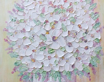 White Floral Bouquet Painting – 12x12 Oil Acrylic Impasto Texture