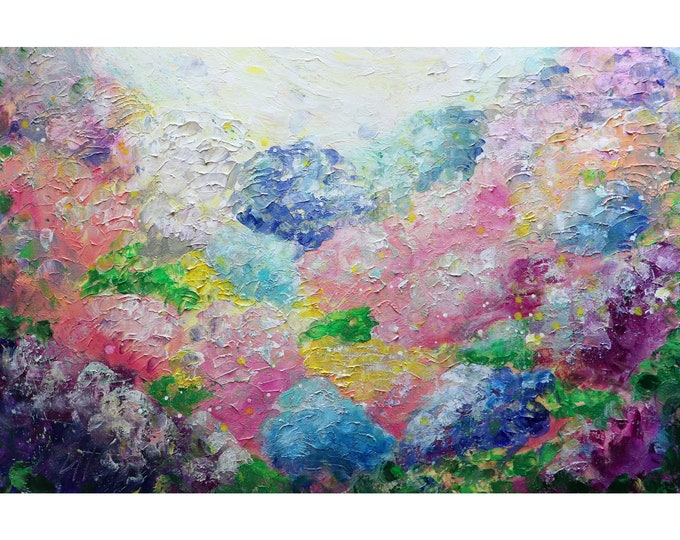 Hydrangea COLORFUL Flowers Oil Painting White Pink Purple Gray Blue Yellow Turquoise Original Art by Luiza Vizoli