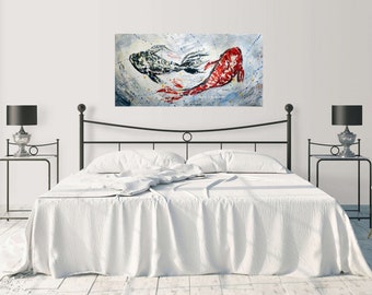 Pair of Fish Artwork Canvas, Custom Size Black & Red Wall Art, Ideal Home Decoration or Gift for Fish Enthusiasts