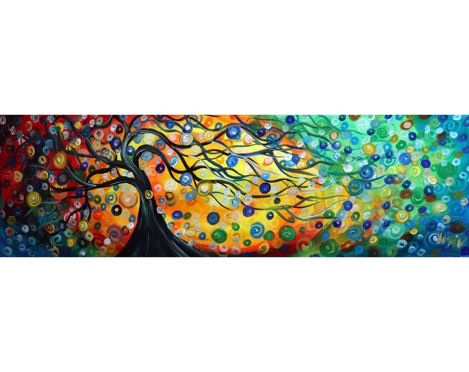 Whispered Breezes SEASONS Tree of Life Horizontal Extra Large Original Handmade Oil Narrow Canvas Art by Luiza Vizoli
