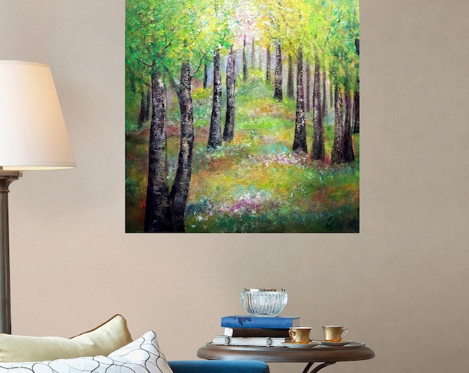 Aspen Forest Painting, Minnesota Woodland Landscape, Textured Tree Wall Art, Large Cabin Canvas