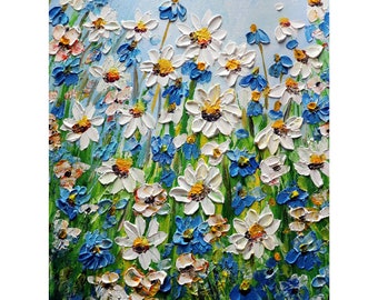 Vertical Painting Wildflowers Daisy Forget Me Not Flowers Meadow Original Oil Painting Impasto Textured Art on Canvas