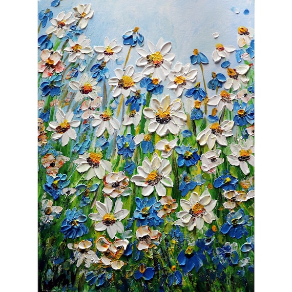 Impasto Forget Me Not Daisy Oil Painting: Textured Floral Meadow