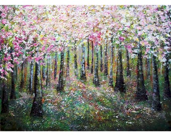 Springtime Cherry Forest: An Extra-Large Modern Impressionist Celebration of Nature’s Beauty, Original Painting on Large Canvas