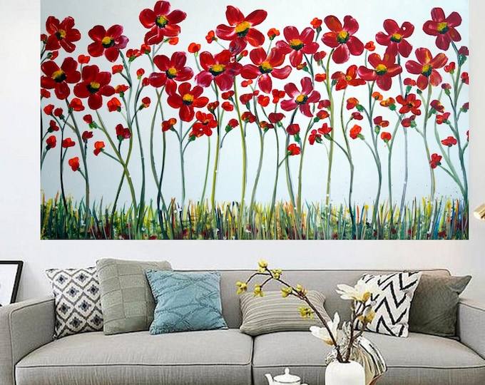 XXL Canvas Large Painting 60x36 Canvas Red Flowers Daisy on White Modern Art on Canvas ready to hang