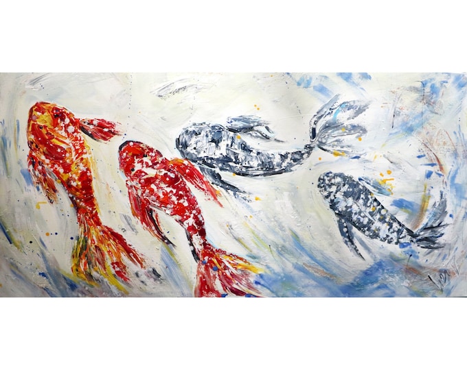 Fish Painting White Red Gray Black Original Oil Painting Large Canvas ready to ship Art by Luiza Vizoli