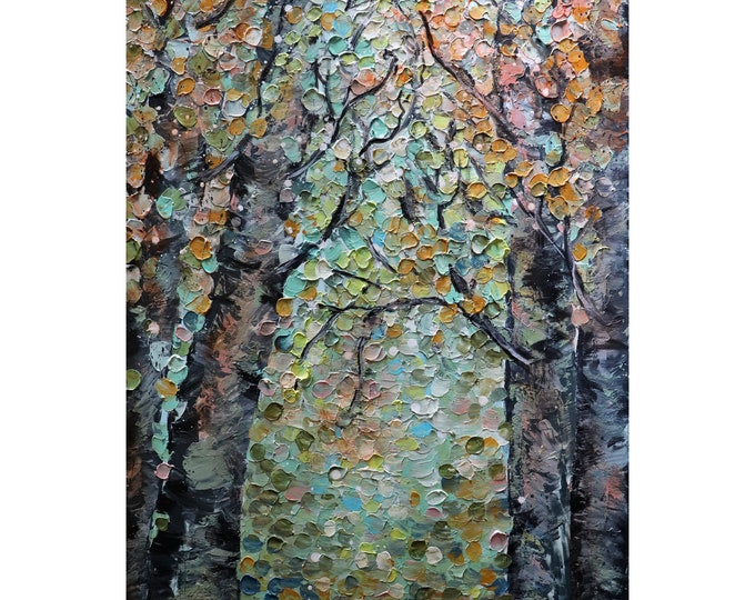 BIRCH TREES My Favorite Fall Path Original Painting Abstract Modern Cream Beige Brown Orange Yellow Blue Green Colors Art  Luiza Vizoli