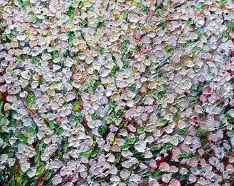 Spring Blooms Apple Flowers, Textured Floral Art, Signed, 24x24 Inches, Ready to Hang