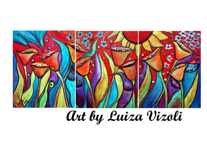 Tulips Original Modern Oil Painting Year of Flowers Triptych Art by Luiza Vizoli made to order