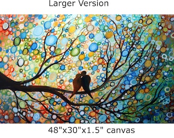 XXL HAPPY MOMENTS Original Wall Art Landscape Birds Whimsical Painting  on Large Canvas by Luiza Vizoli
