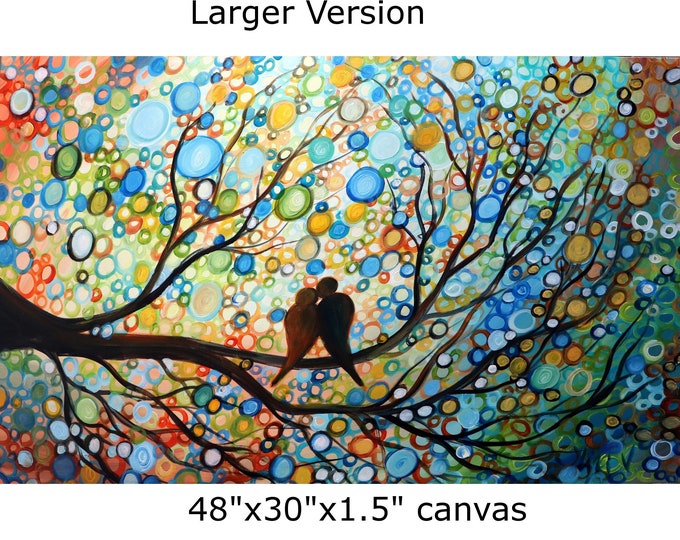 XXL HAPPY MOMENTS Original Wall Art Landscape Birds Whimsical Painting  on Large Canvas by Luiza Vizoli
