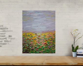 Abstract Landscape Painting Summer Lavender Sky, Blooming Fields Textured Artwork