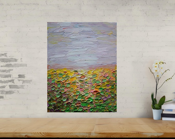 Abstract Landscape Painting Summer Lavender Sky, Blooming Fields Textured Artwork