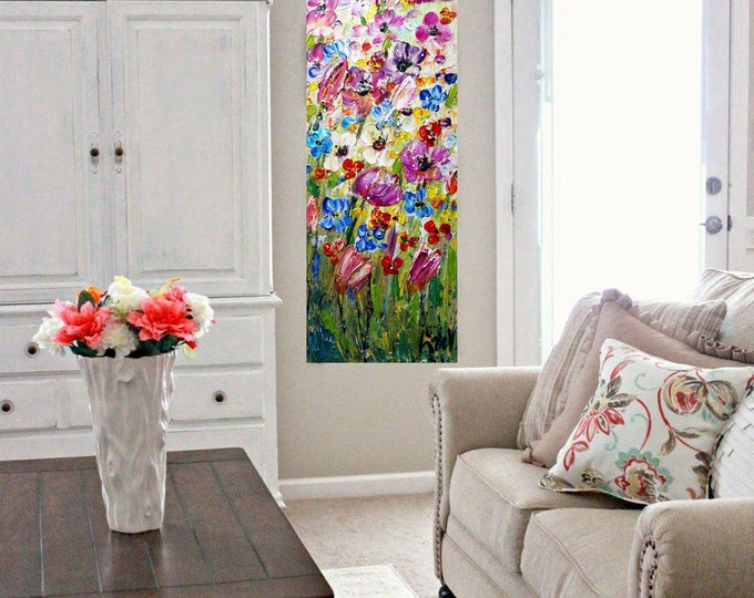 Original Floral Oil Painting: Tall Vertical Abstract Wall Art