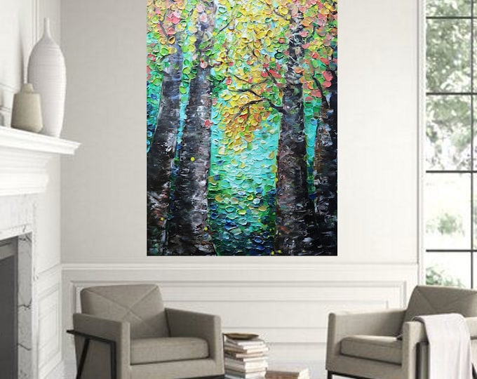 Birch Trees Impasto Oil Painting: Abstract Landscape, Modern Cabin Art
