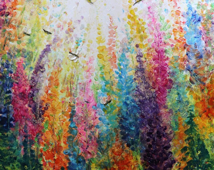 Abundant Wildflower Meadow Painting, Colorful Floral Original Art, 30x30 Canvas