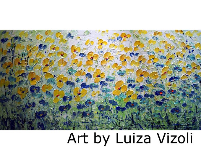 Blue Yellow Forget Me Not Abstract Flowers Light Soft Colors 48x24 Large Canvas Original Painting by Luiza Vizoli