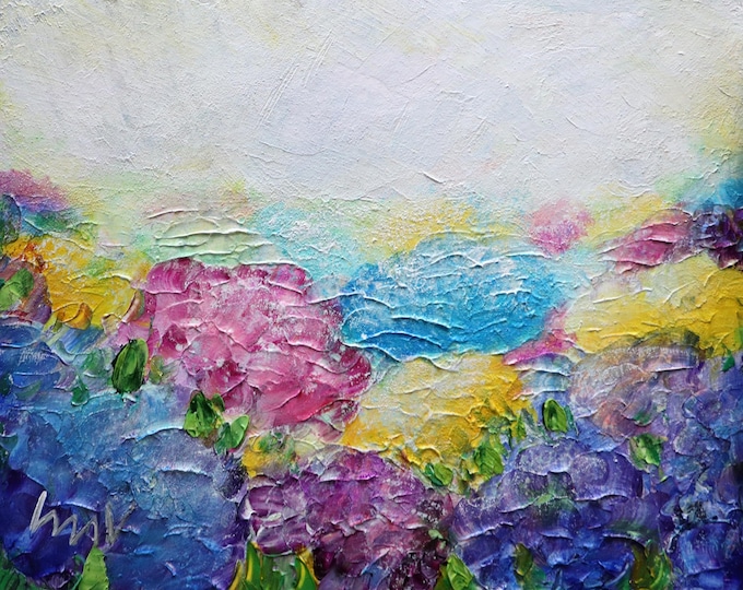 original Signed Painting Hydrangeas Flowers Field One of a Kind Handmade Artwork, beautiful pastel shades of blue, purple, pink, yellow