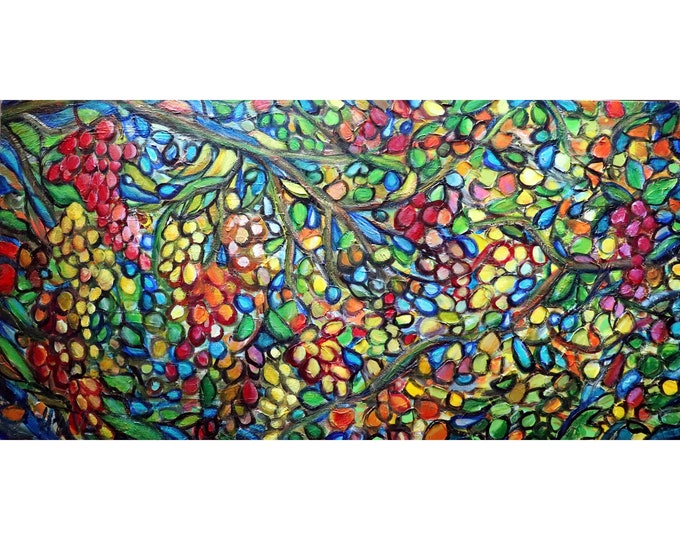 Fall Eclectic Gallery Wall Art HARVEST Time OLIVES and GRAPES Fruits, Leaves Original Painting Large Canvas Whimsical