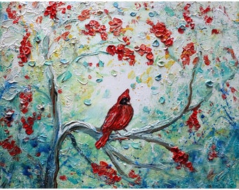Winter CARDINAL Red Berries Painting Oil Impasto Textured Original Art White Red Blue Landscape canvas Christmas gift idea