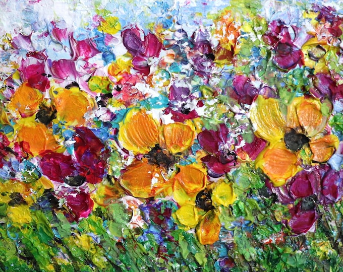 Meadow Flowers Painting, Small Colorful Textured Oil Art, 5x7