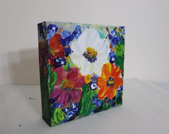 Original Floral Oil Painting, 6x6 Stretched Canvas, Thick Impasto Texture, Signed