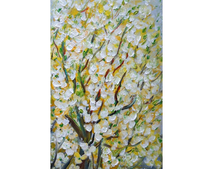 Painting on Canvas Spring APPLE Blossom White Gray Blue Yellow Cream Oil Impasto ORIGINAL Landscape Art by Luiza Vizoli