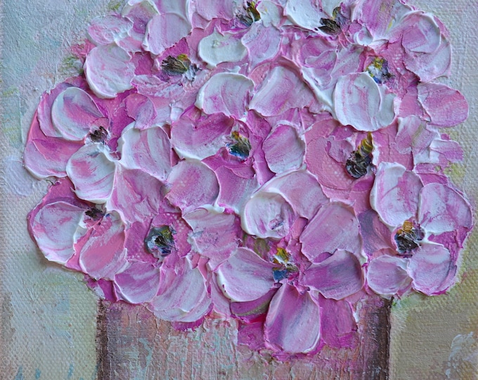 Pink Blossoms in Vase Original Painting 6x6 Textured Floral Canvas Art