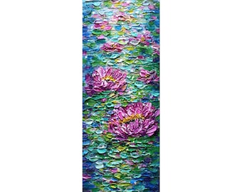 Pink Water Lily Abstract Painting – Original Textured Wall Art, Blue Aqua Green Modern Canvas, Calm Floral Decor, Made to Order