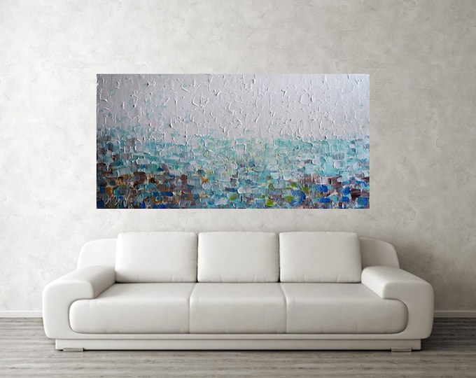 XXL Large 60x36 , 72x36  Abstract White AQUA BLUE Brown Cream Impasto Large Beach Painting Artwork on Canvas Ready for Hanging